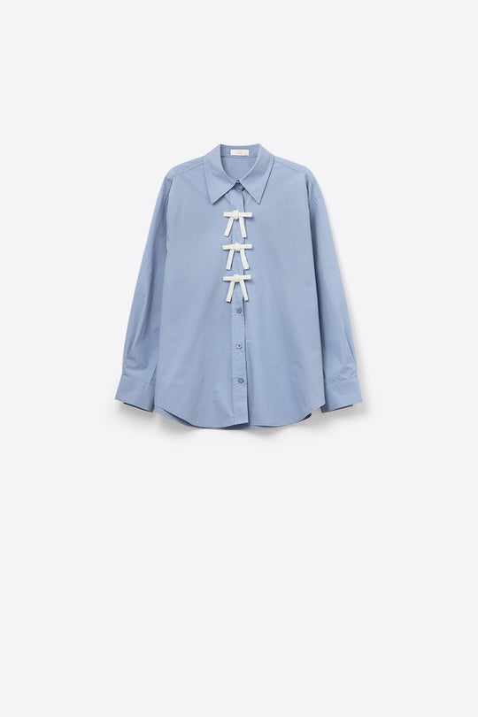 Blue Oversized Poplin Shirt With White Beaded Bow Buttons