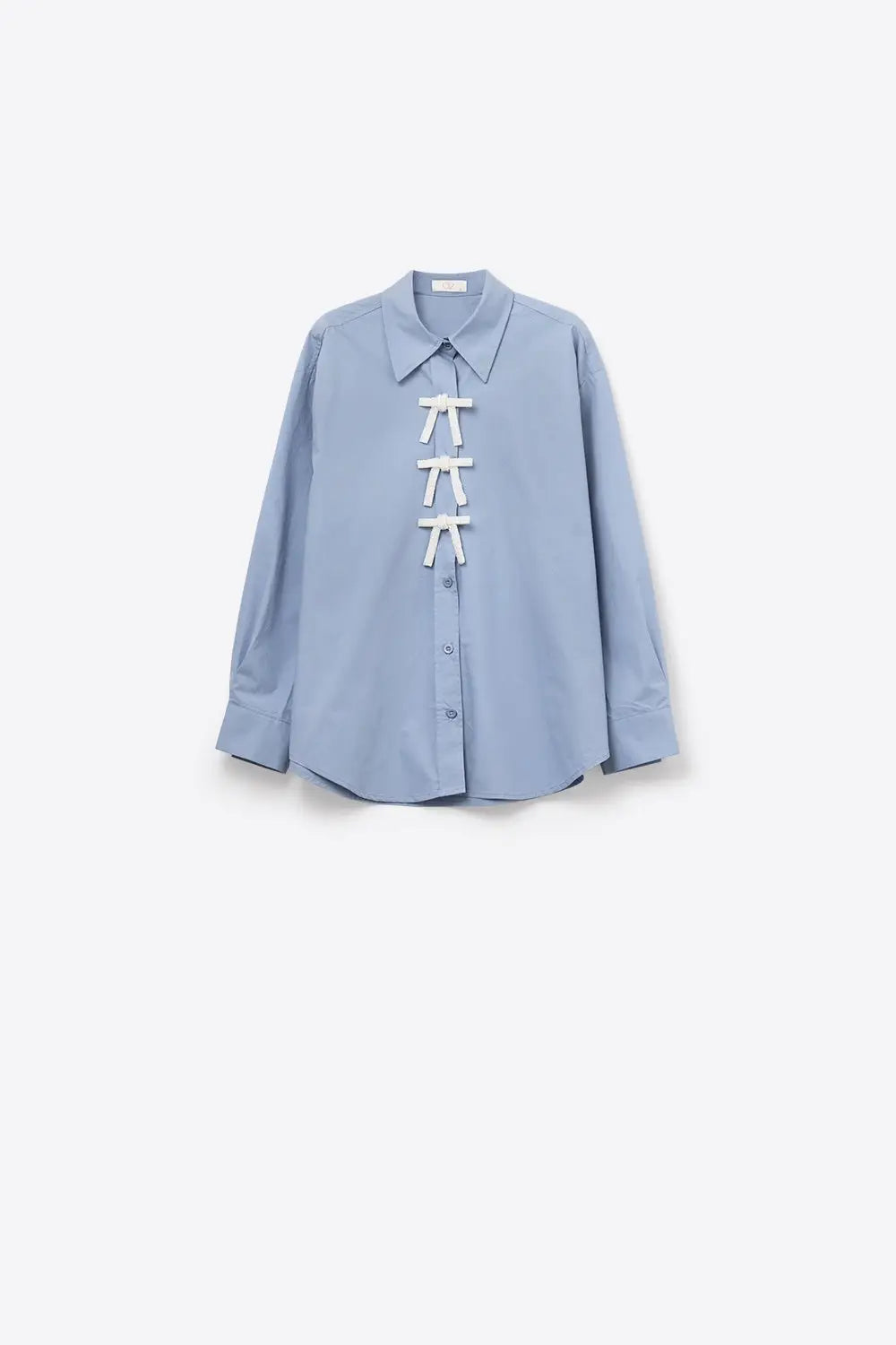 Blue Oversized Poplin Shirt With White Beaded Bow Buttons - Shirts