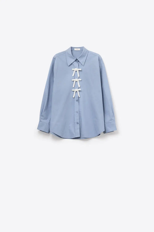 Blue Oversized Poplin Shirt With White Beaded Bow Buttons - Shirts