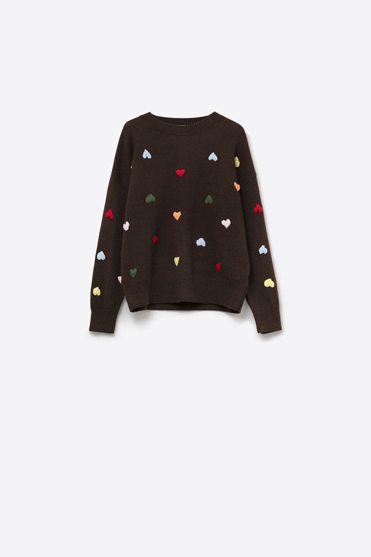 Brown Crew neck Sweater With Multicolor Embroidered Hearts