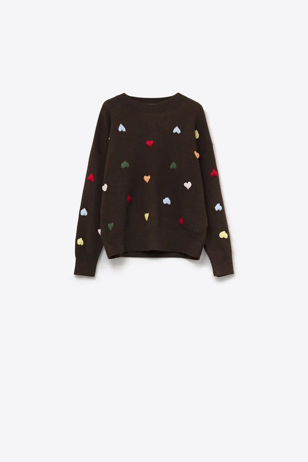 Brown Crew neck Sweater With Multicolor Embroidered Hearts - BROWN / ONE - Sweaters