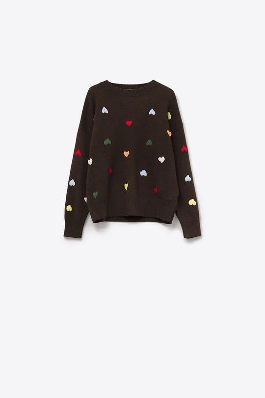 Brown Crew neck Sweater With Multicolor Embroidered Hearts - BROWN / ONE - Sweaters