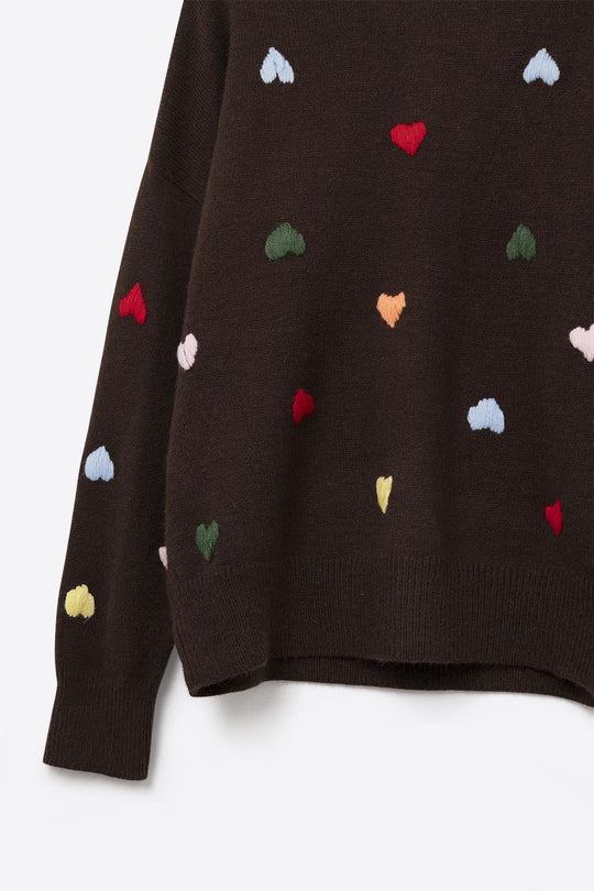 Brown Crew neck Sweater With Multicolor Embroidered Hearts