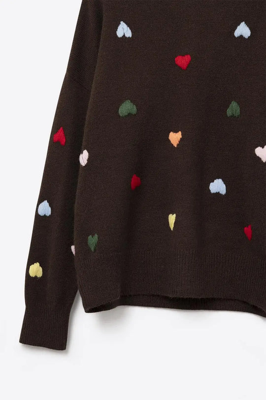 Brown Crew neck Sweater With Multicolor Embroidered Hearts - BROWN / ONE - Sweaters