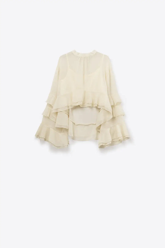 Sheer Cape-style Beige Blouse in chiffon With Ruffles - Shirts