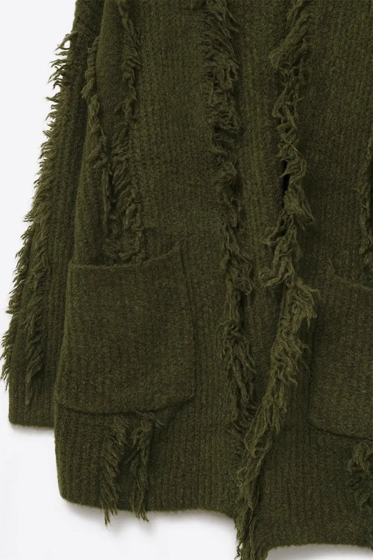 Forest Green Boho Distressed Cardigan With Front Pockets - KHAKI / ONE - Cardigans