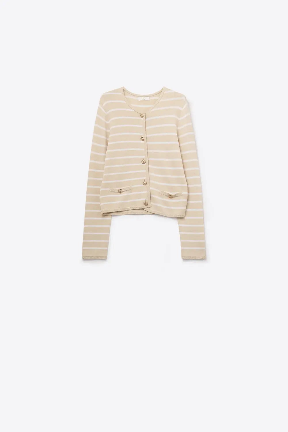 Beige Cardigan with White Stripes and Gold Buttons - BEIGE / ONE - Cardigans