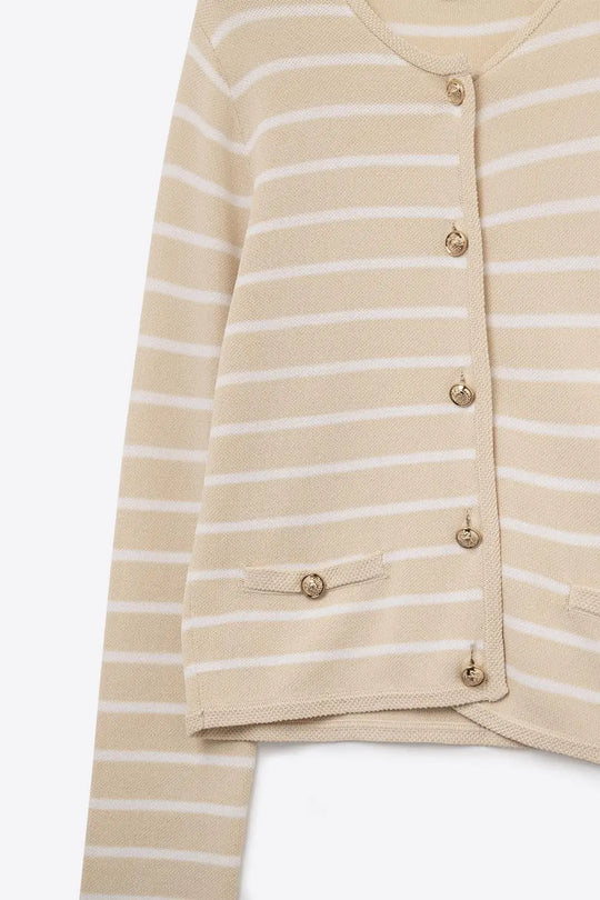 Beige Cardigan with White Stripes and Gold Buttons - BEIGE / ONE - Cardigans