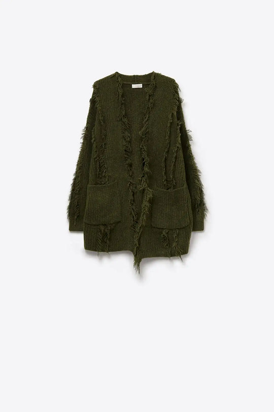 Forest Green Boho Distressed Cardigan With Front Pockets - KHAKI / ONE - Cardigans