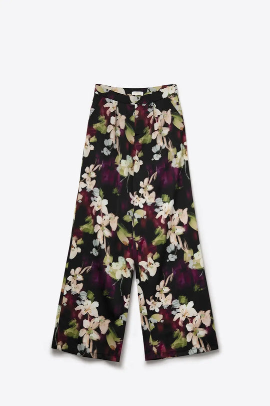 Floral-Print Flowing Pants in satin fabric with side pockets - Pants