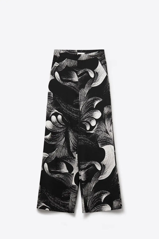 Elegant Printed Black Wide-Leg Pants in satin fabric - Pants