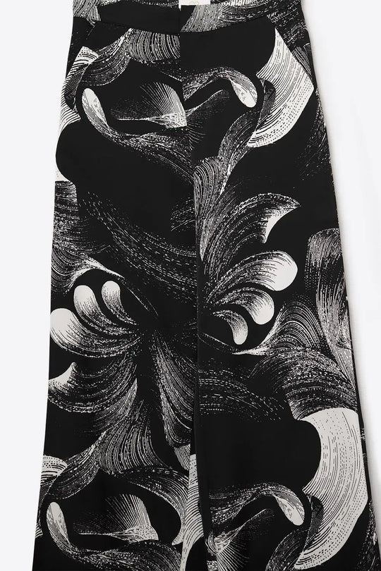 Elegant Printed Black Wide-Leg Pants in satin fabric - Pants