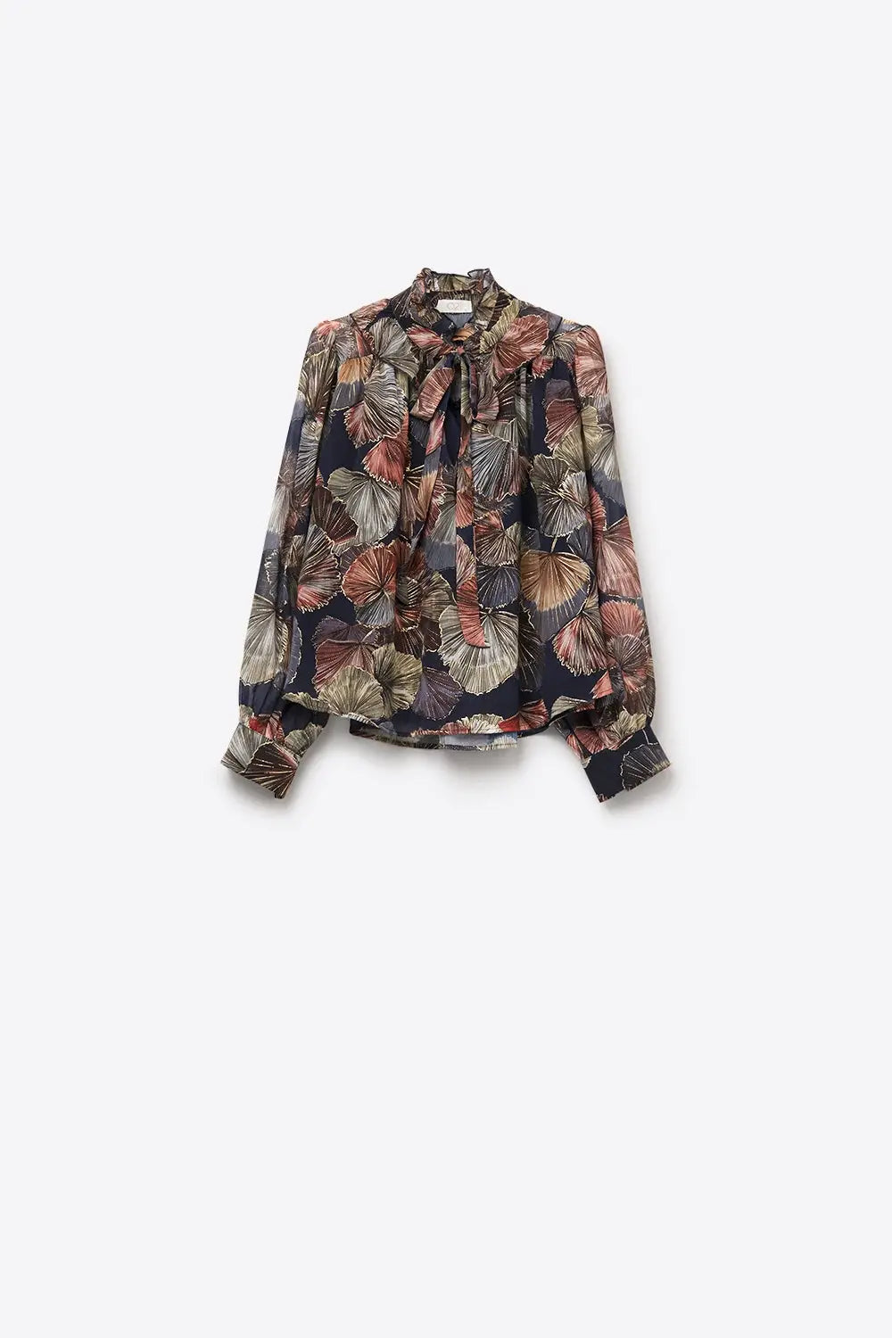 Boho-Chic Printed Ruffle Blouse in Metallic Palms Print - Shirts