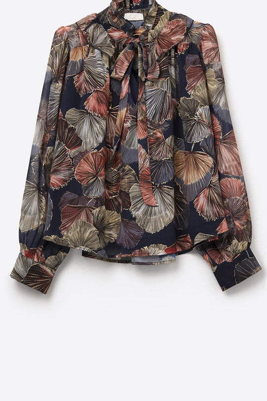 Boho-Chic Printed Ruffle Blouse in Metallic Palms Print