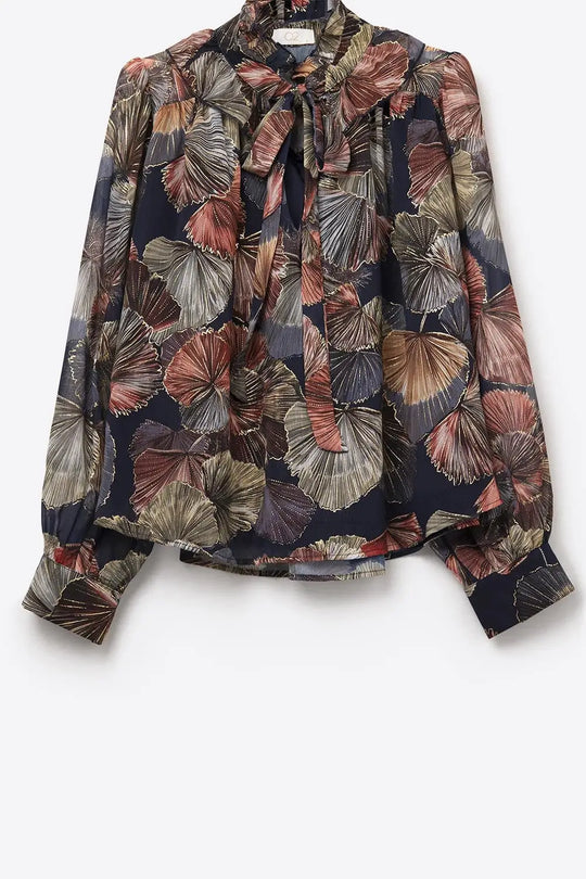 Boho-Chic Printed Ruffle Blouse in Metallic Palms Print - Shirts