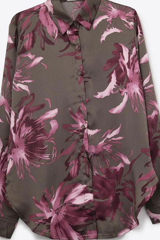Gray Floral Print Satin Shirt with Buttons - Shirts
