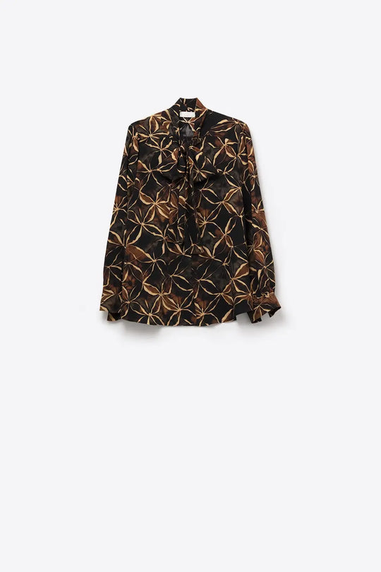 Black chiffon shirt with abstract print and knotted bow - Shirts
