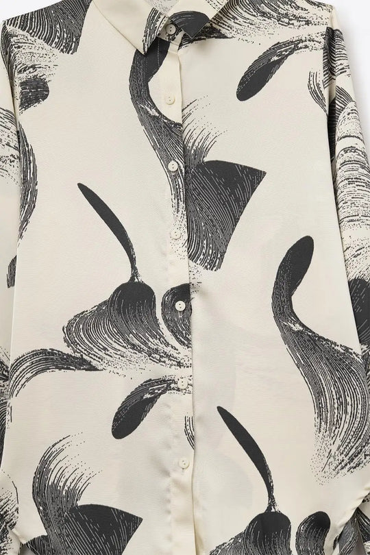 Cream abstract Printed satin Relaxed Fit Shirt - Shirts