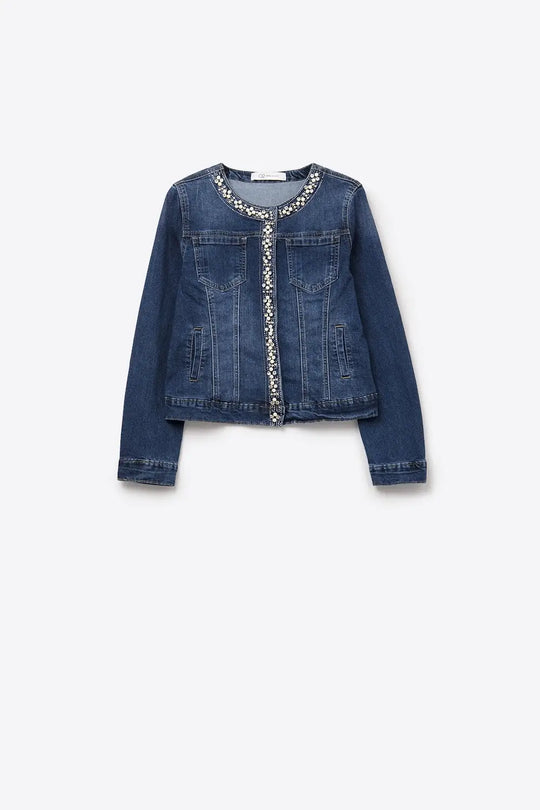 Stretch Denim Embellished Denim Jacket in Blue - Jackets