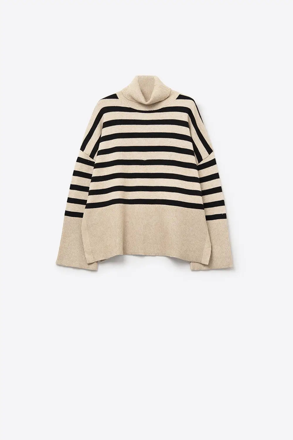 Beige oversized turtleneck sweater with black stripes and splits on the side - BEIGE / ONE - Sweaters