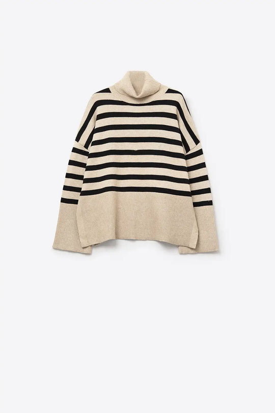 Beige oversized turtleneck sweater with black stripes and splits on the side - BEIGE / ONE - Sweaters
