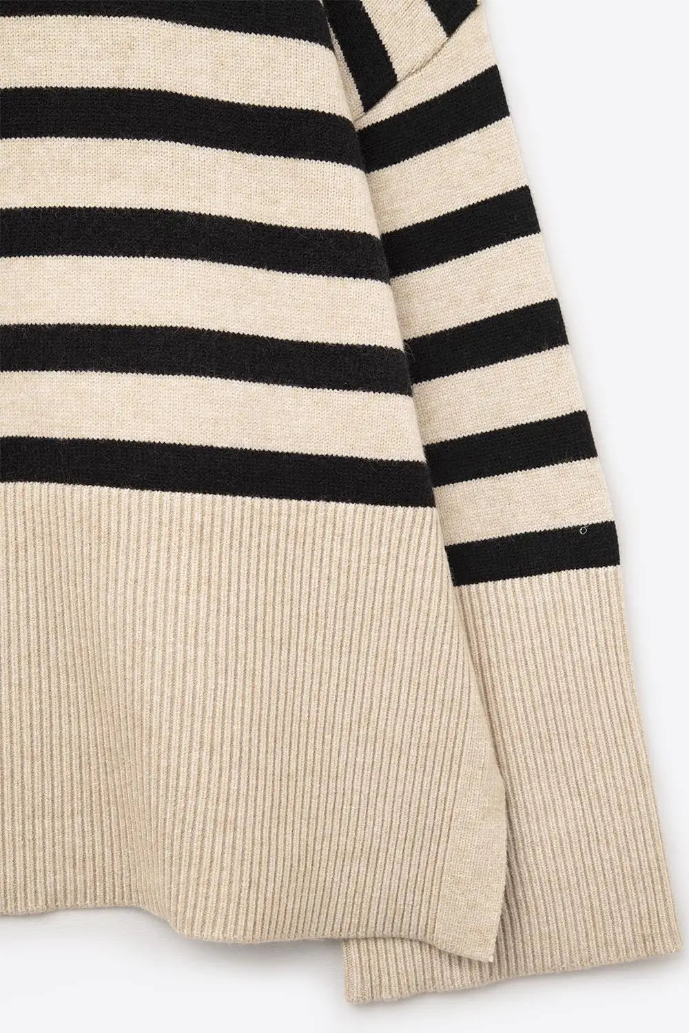 Beige oversized turtleneck sweater with black stripes and splits on the side - BEIGE / ONE - Sweaters