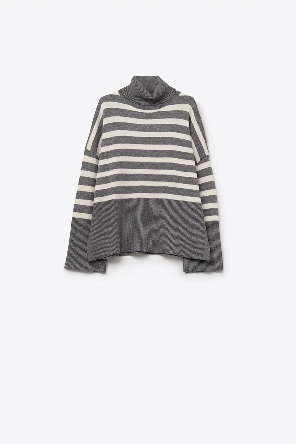 Gray oversized turtleneck sweater with white stripes and splits on the side - GRAY / ONE - Sweaters