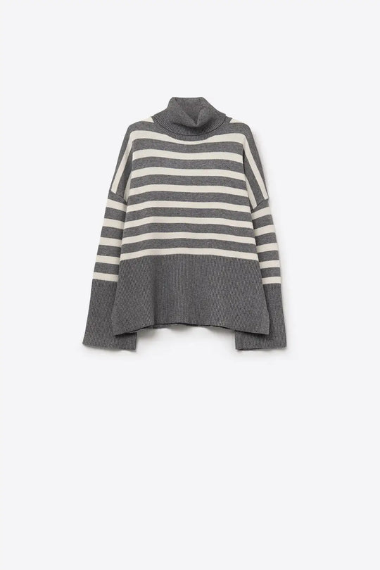 Gray oversized turtleneck sweater with white stripes and splits on the side - GRAY / ONE - Sweaters