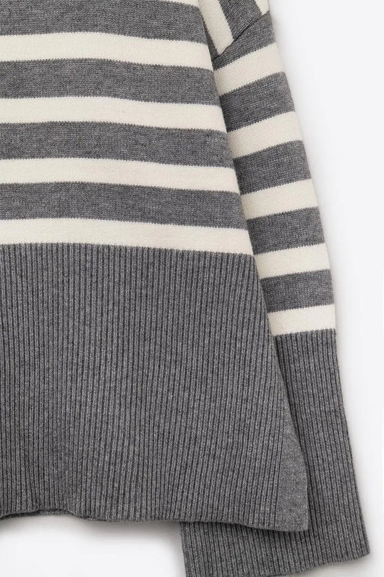 Gray oversized turtleneck sweater with white stripes and splits on the side - GRAY / ONE - Sweaters
