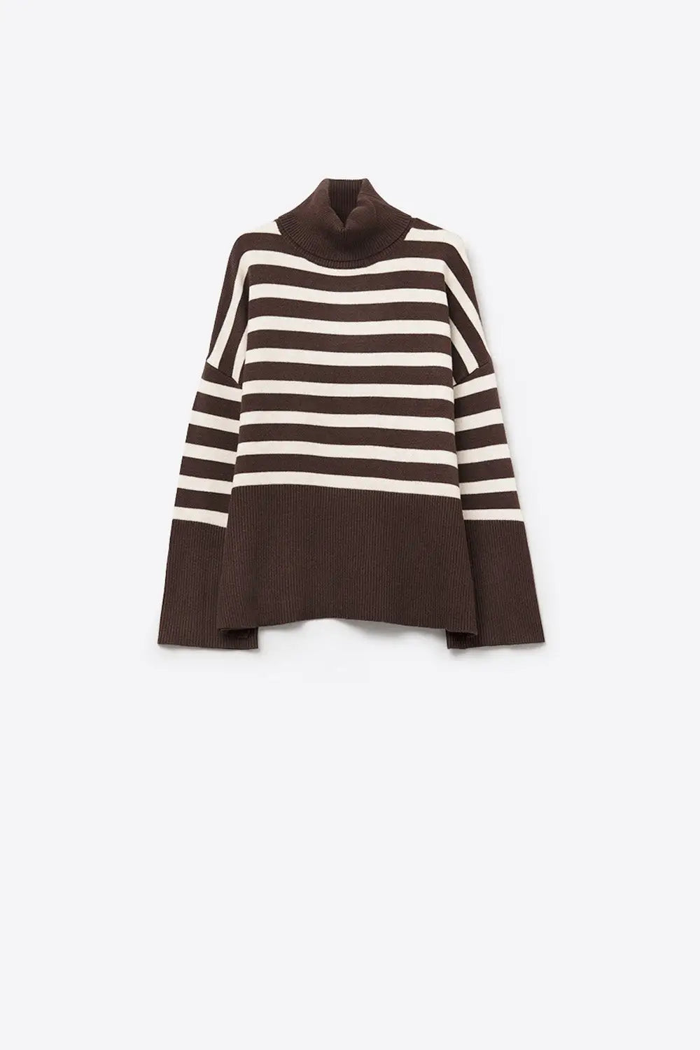 Brown oversized turtleneck sweater with white stripes and splits on the side - BROWN / ONE - Sweaters
