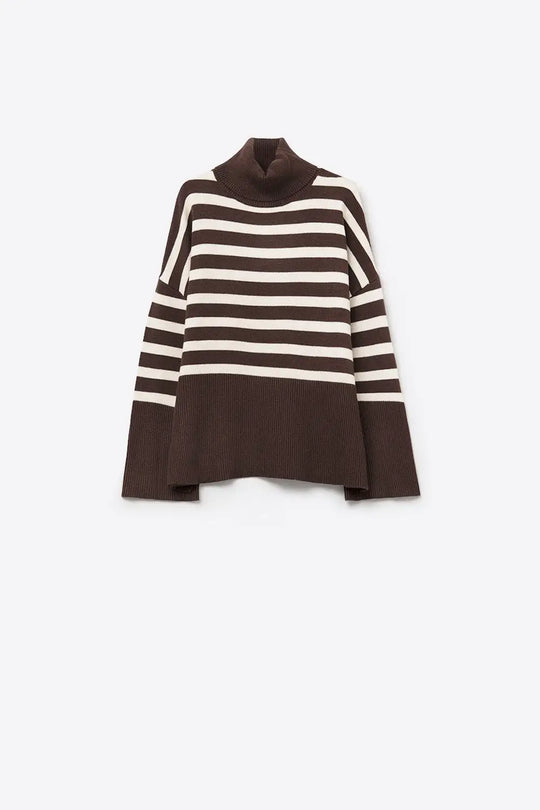 Brown oversized turtleneck sweater with white stripes and splits on the side - BROWN / ONE - Sweaters