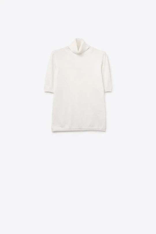 Fine knit sweater in white with a high neck and elbow-length sleeves - WHITE / ONE - Sweaters