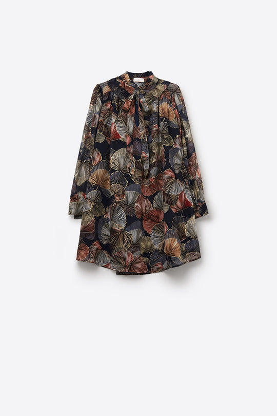 Elegant Floral A-Line Tie Neck Dress