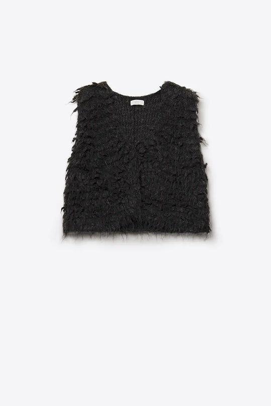 Luxurious vest with black long-haired texture - BLACK / ONE - Cardigans