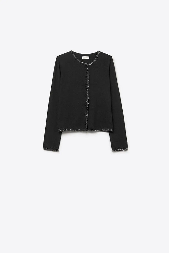 fine knit black cardigan with rhinestone detail - BLACK / ONE - Cardigans