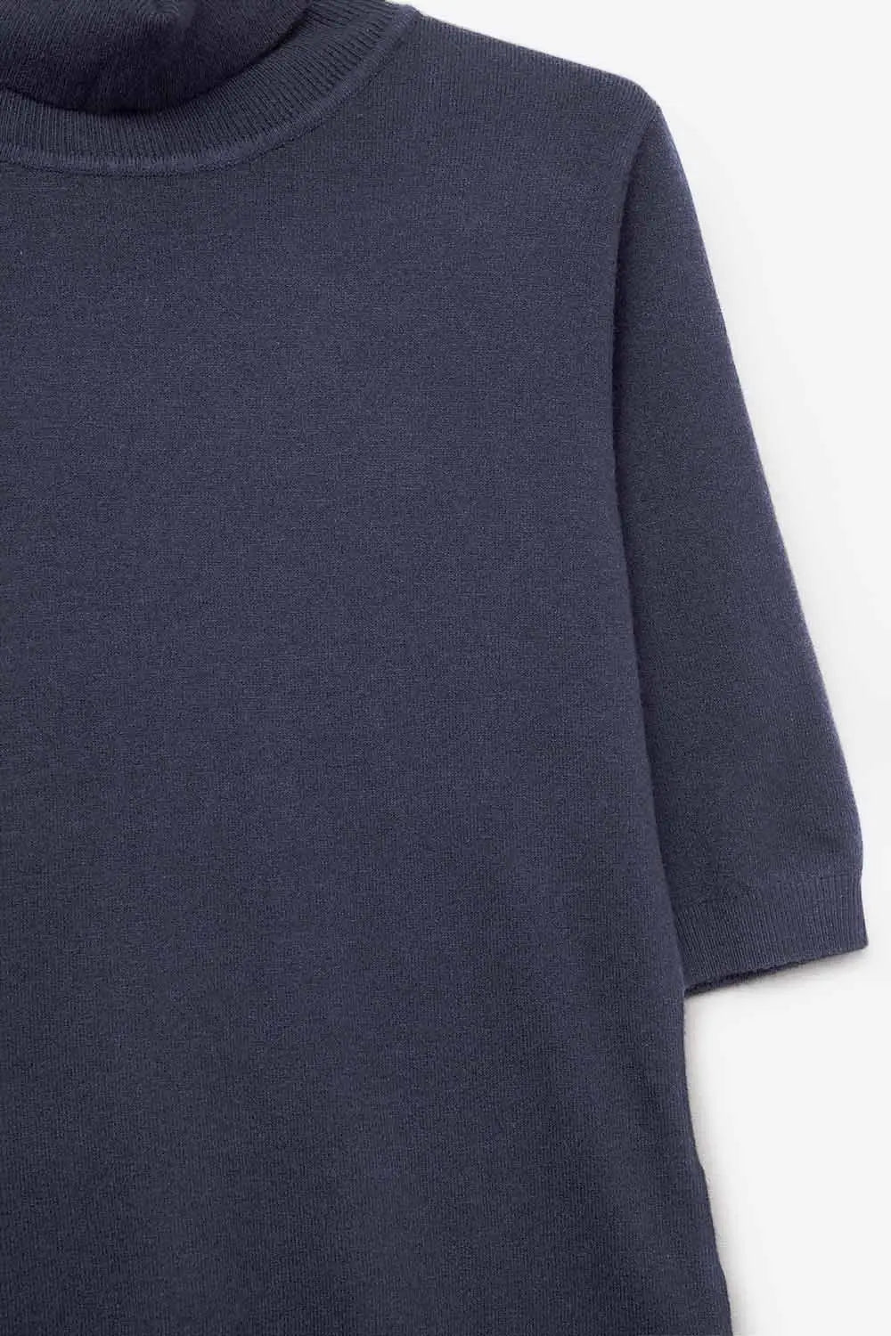 Fine knit sweater in navy blue with a high neck and elbow-length sleeves - NAVY / ONE - Sweaters