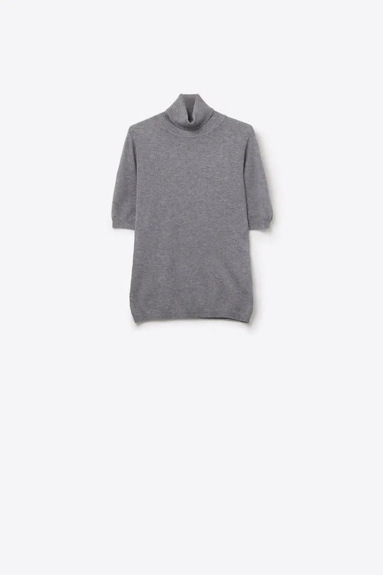 Fine knit sweater in grey with a high neck and elbow-length sleeves - GRAY / ONE - Sweaters
