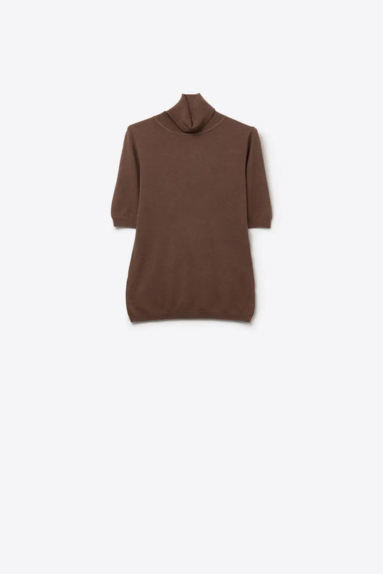 Fine knit sweater in brown with a high neck and elbow-length sleeves - BROWN / ONE - Sweaters