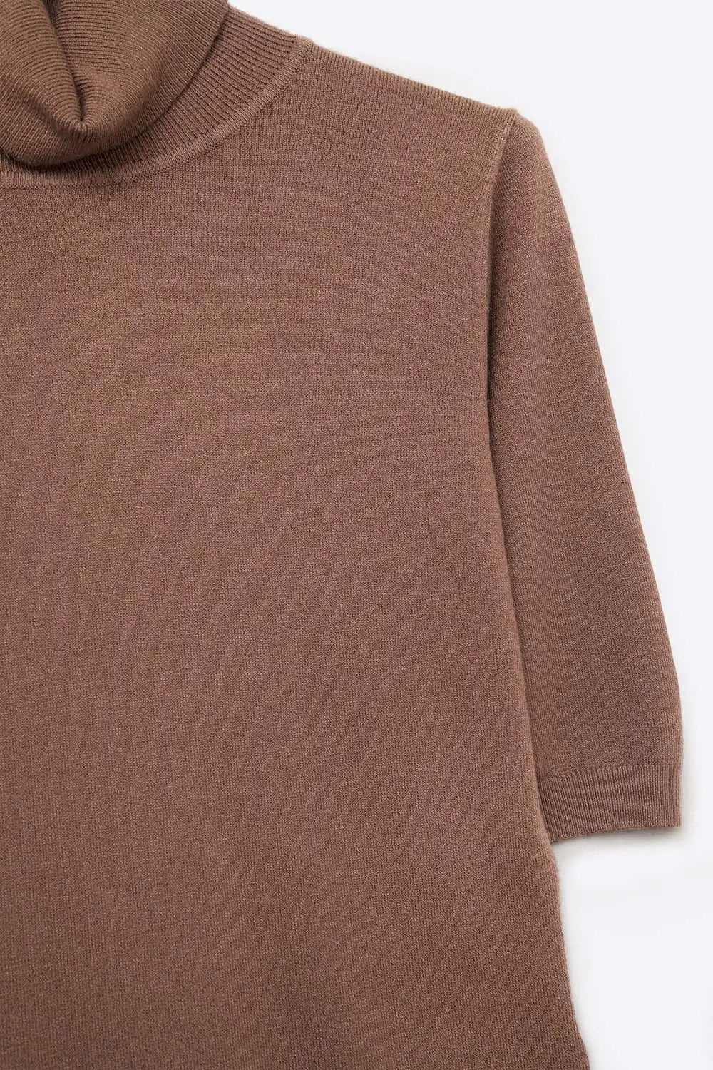 Fine knit sweater in brown with a high neck and elbow-length sleeves - BROWN / ONE - Sweaters