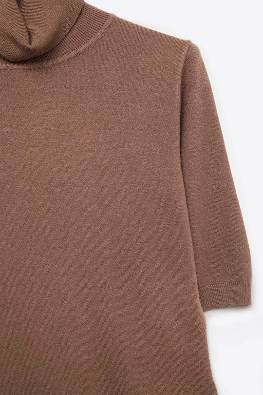 Fine knit sweater in brown with a high neck and elbow-length sleeves - BROWN / ONE - Sweaters