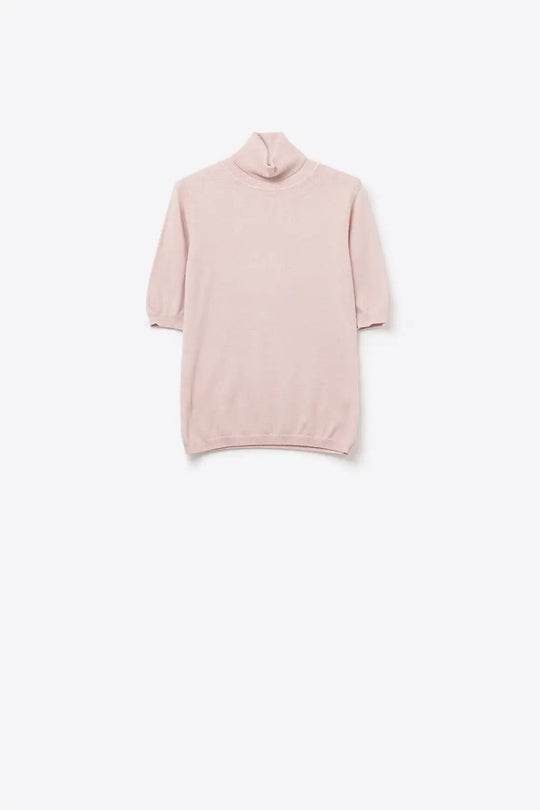 Fine knit sweater in pink with a high neck and elbow-length sleeves - PINK / ONE - Sweaters