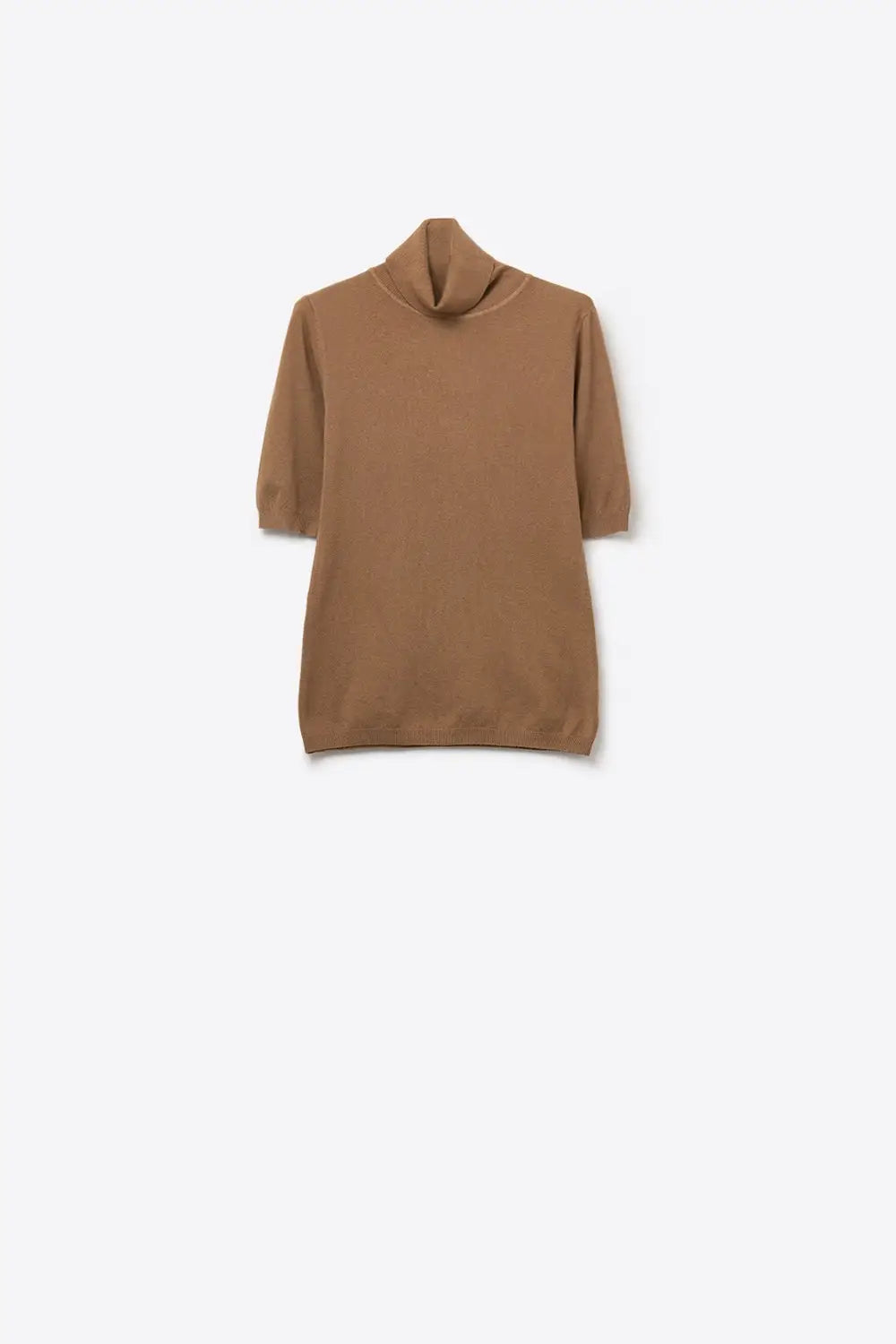 Camel Ribbed Knit Short Sleeve Turtleneck Sweater - CAMEL / ONE - Sweaters