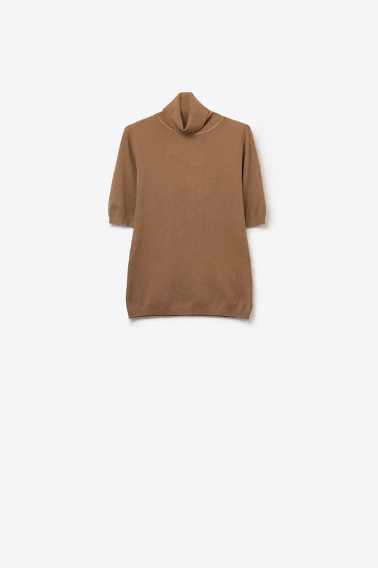 Camel Ribbed Knit Short Sleeve Turtleneck Sweater - CAMEL / ONE - Sweaters