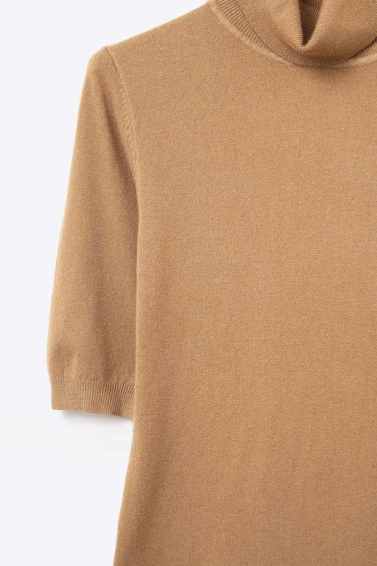 Camel Ribbed Knit Short Sleeve Turtleneck Sweater - CAMEL / ONE - Sweaters
