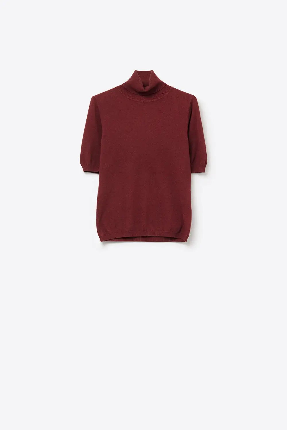 Burgundy Fine Knit Turtleneck Short Sleeve Sweater - RED / ONE - Sweaters