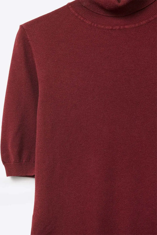 Burgundy Fine Knit Turtleneck Short Sleeve Sweater - RED / ONE - Sweaters