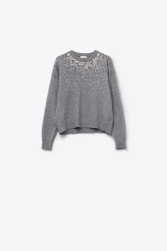 Grey soft knit sweater embellished with sequins on the front - GRAY / ONE - Sweaters