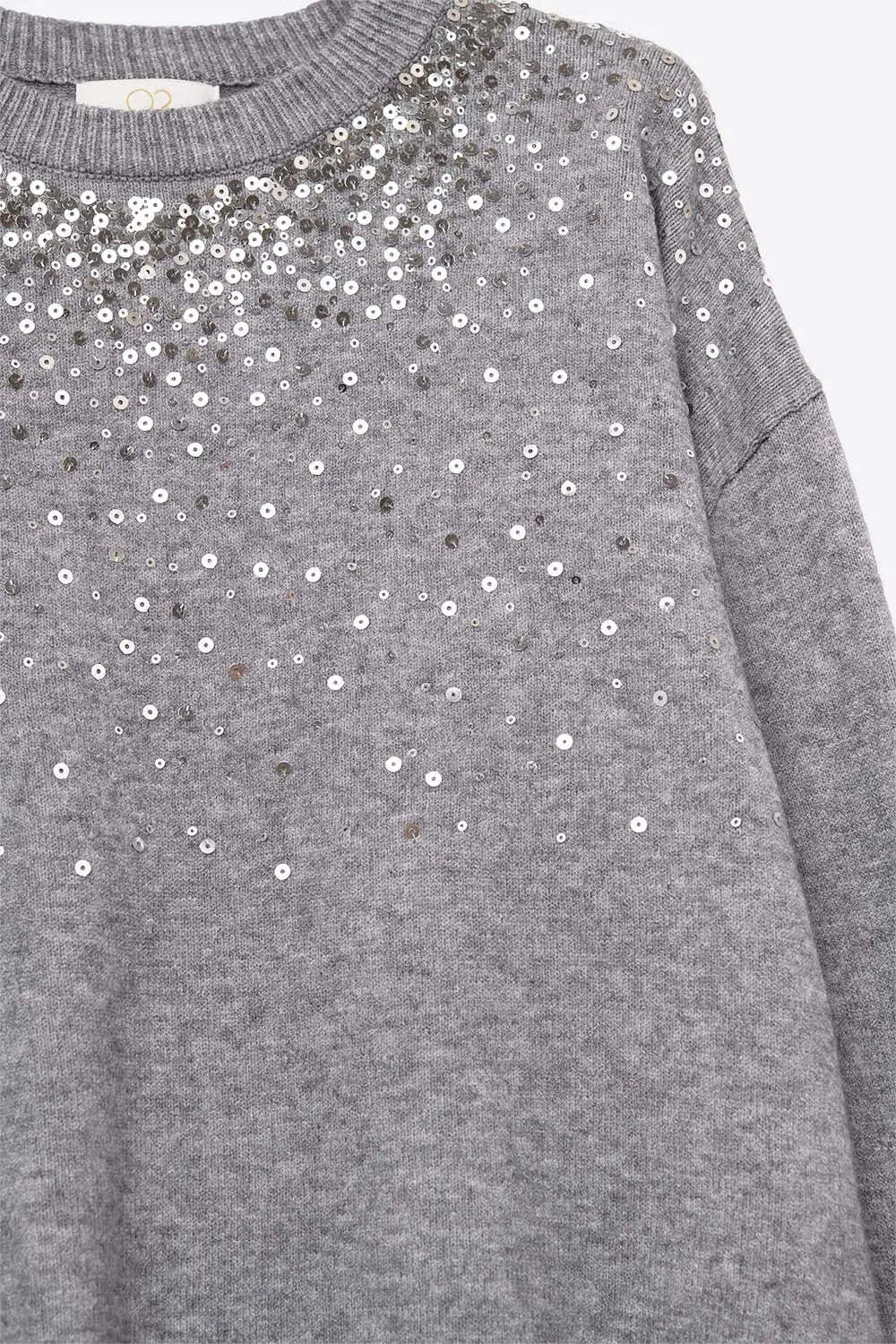 Grey soft knit sweater embellished with sequins on the front - GRAY / ONE - Sweaters