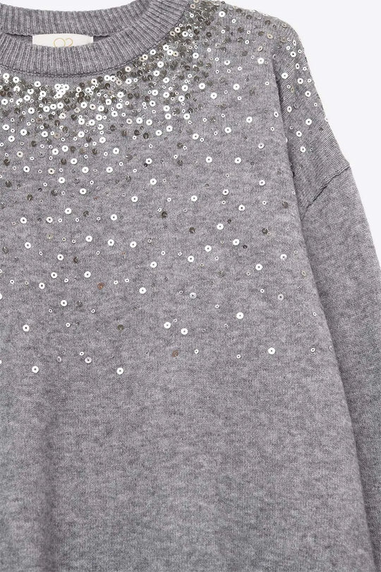 Grey soft knit sweater embellished with sequins on the front - GRAY / ONE - Sweaters