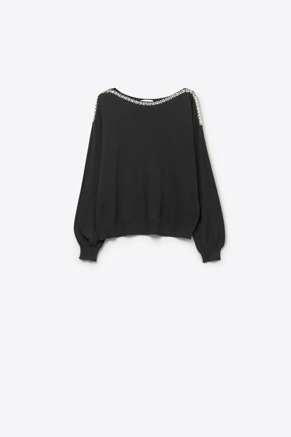 black fine knit sweater with a boat neck and rhinestone detail - BLACK / ONE - Sweaters